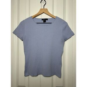 August Silk Knits Blue Ribbed Short Sleeve Sweater Top Medium Silk Blend